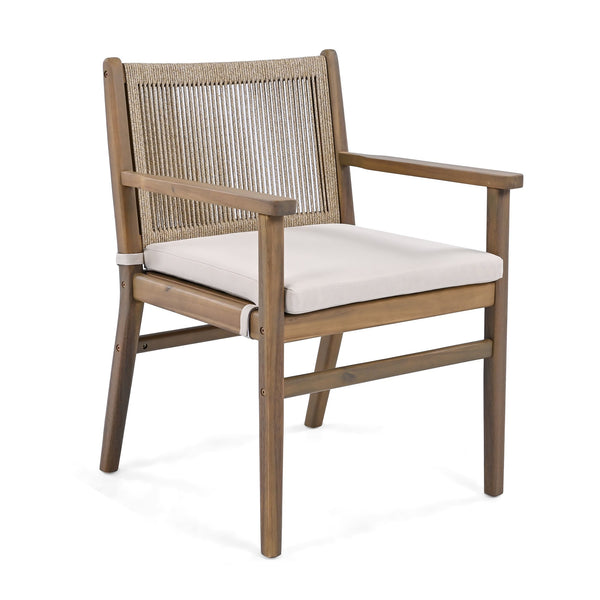 English Elm Christopher Knight Home® - Outdoor Acacia Wood Dining Chairs Set of 2 with Woven Rope Back, Waterproof Cushions, 400lb Capacity Light Brown N779P224995B