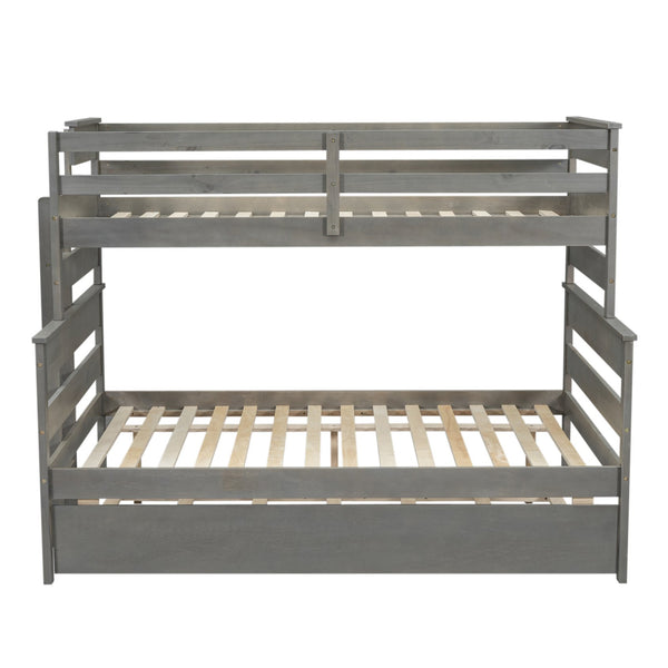 English Elm Wood Twin over Full Bunk Bed with Twin Trundle – Space-Saving Pine/MDF Triple Bed, Sturdy & Safe Design Grey GX000448AAE-1
