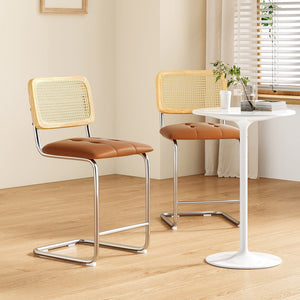 English Elm Farini Velvet Counter Height Bar Stools Set of 2 with Rattan Back, Cantilever Comfort & Floor Protectors Brown T3623P354966