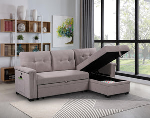 English Elm Ashlyn Linen Look Sleeper Sectional with Storage Chaise and Usb Ports for Living Room B061S00015