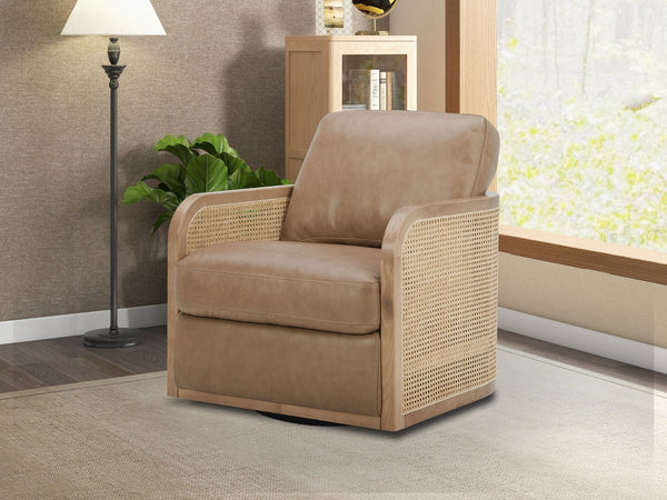VIG Furniture Divani Casa Danson - Modern Tan Leather + Wicker Swivel Accent Chair VGKK-KF.A2090-SAND