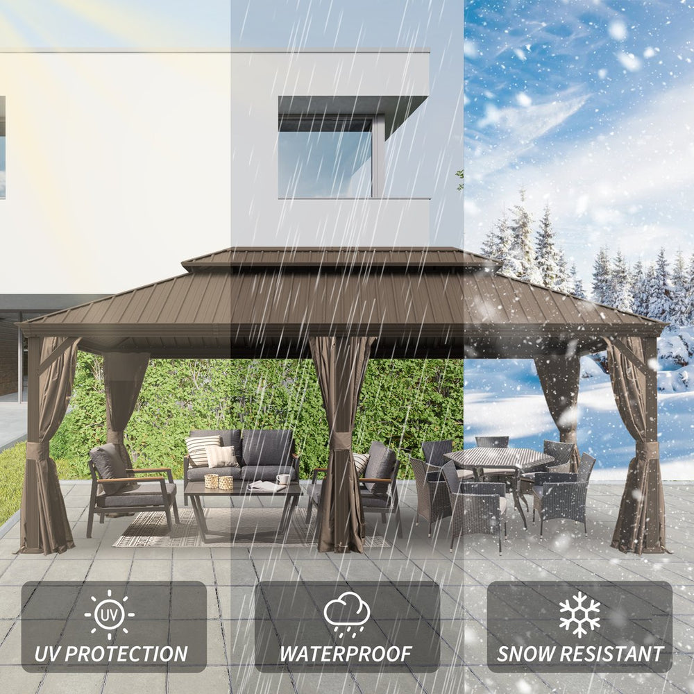 English Elm 14' X 20' Hardtop Gazebo – Upgraded Dual-Layer Steel Roof, Privacy Curtains & Insect Netting For Outdoor Oasis W1859S00150