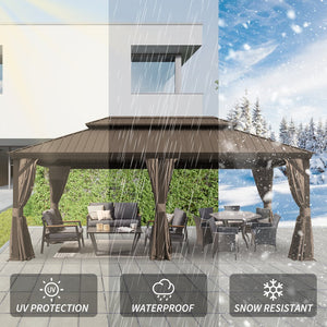English Elm 14' X 20' Hardtop Gazebo – Upgraded Dual-Layer Steel Roof, Privacy Curtains & Insect Netting For Outdoor Oasis W1859S00150