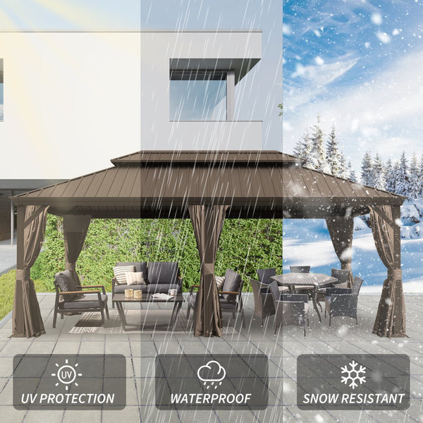 English Elm 14' X 20' Hardtop Gazebo – Upgraded Dual-Layer Steel Roof, Privacy Curtains & Insect Netting For Outdoor Oasis W1859S00150