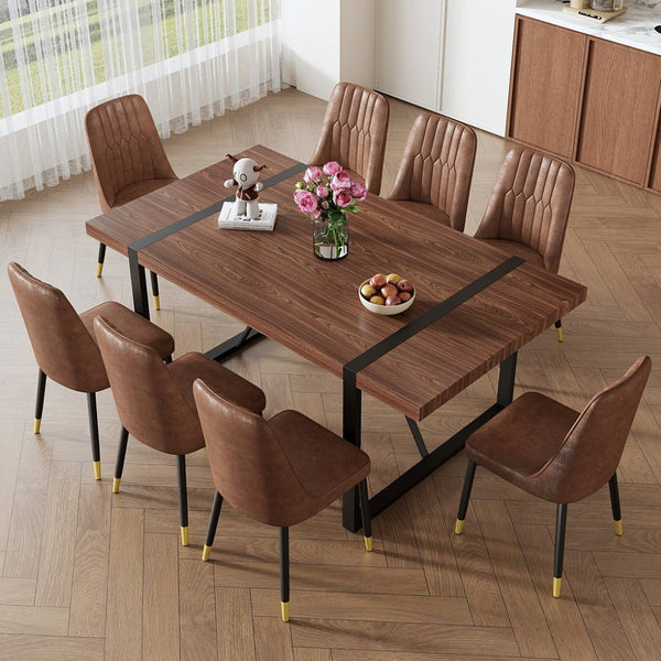 English Elm Table & Chair Set: Industrial Walnut Dining Table With 8 Brown Suede Chairs For Modern Spaces W1151S02433-GIGA