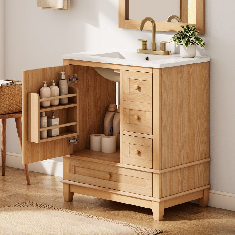 English Elm [video] 30 Inch Freestanding Bathroom Vanity White Mdf Pine Legs Ceramic Sink Soft Close N759P394441N