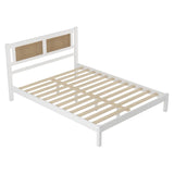 English Elm 3-Pieces Bedroom Sets Queen Size Wooden Platform Bed With Natural Rattan Headboard, Nightstands Set Of 2 With Rattan-Woven Surfaces and Three Drawers For Bedroom, White