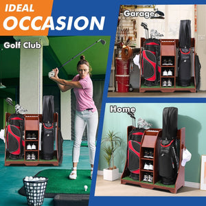 English Elm Wood Golf Storage Rack with Turf Accents Four Shelves and Bag Bay for Garage B205P298024