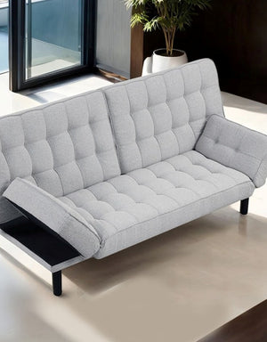 English Elm Light Gray Futon Sofa With Biscuit Tufting - Stylish Convertible Couch With Adjustable Arm Rests B2741P314791