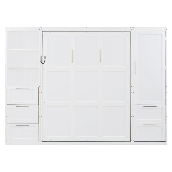 English Elm Queen Murphy Wall Bed with Wardrobe Drawers and Shelves for Studio or Guest Room White LP000865AAK-1