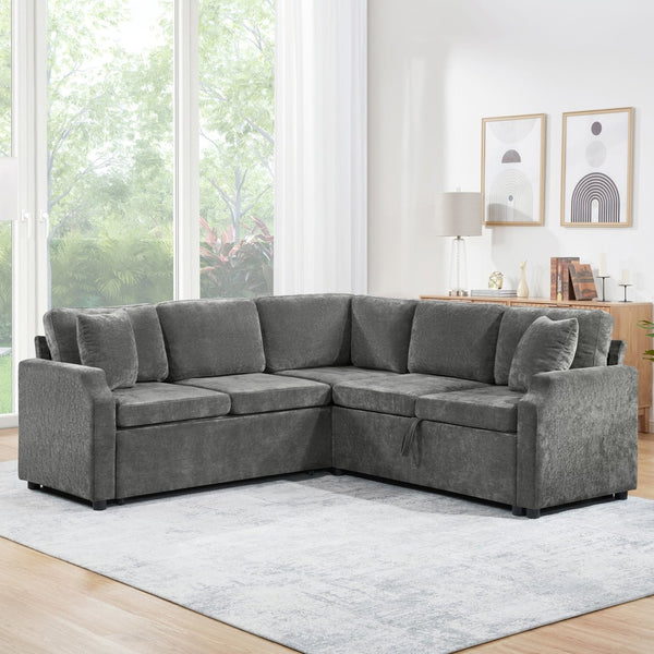 English Elm Sectional Sofa Bed - Versatile L-Shaped Chenille Sofa With Sleeper, Hidden Storage & Pillows, Gray N719S002070E-GIGA