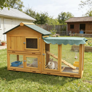 English Elm Premium Fir Wood Two Story Rabbit Hutch Weatherproof Outdoor Habitat with Run W1431P498215