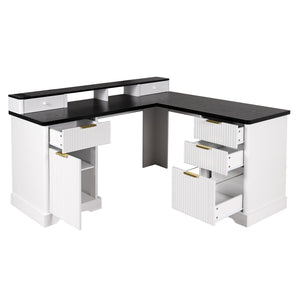 English Elm 59" Fluted Oak L-shaped Corner Desk with Charging Station Monitor Stand and File Storage White W2917S00004