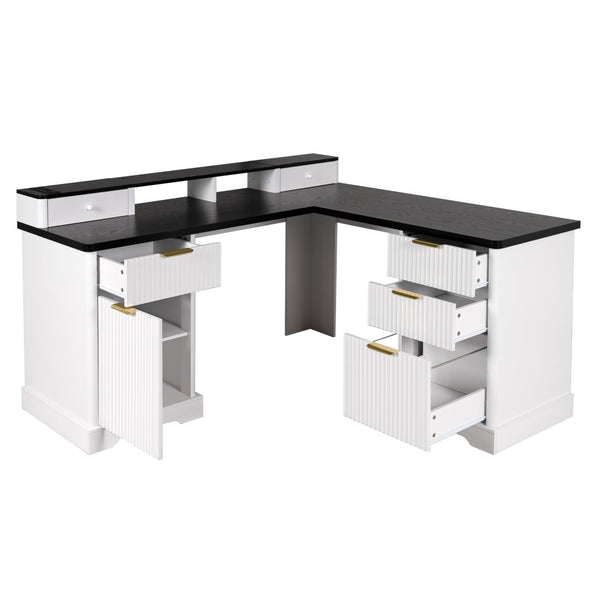 English Elm 59" Fluted Oak L-shaped Corner Desk with Charging Station Monitor Stand and File Storage White W2917S00004