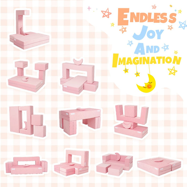 English Elm 5-piece Modular Foam Play Couch Velvet Toddler Sofa Foldable Kids Playroom Set Pink T5880P493438