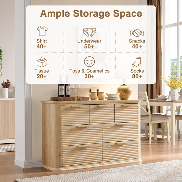 English Elm Fluted Wave Panel 7 Drawer Mdf Dresser Modern Bedroom Storage with Tv Stand Top T5326P425097
