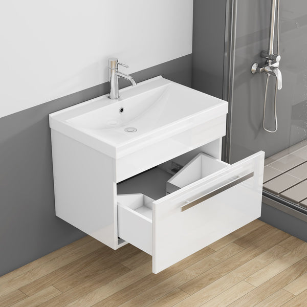 English Elm 24-Inch Bathroom Vanity With Sink Combo - Modern Wall-Mount Design, Soft-Close Drawer & Glossy Finish W3151S00059