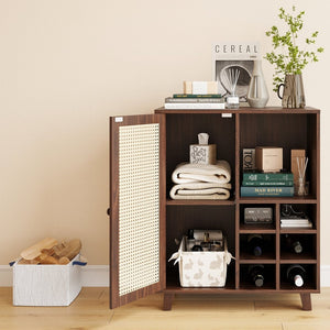 English Elm Rattan Cane Front Sideboard with Drawers Adjustable Shelf Bohemian Storage Cabinet Walnut T3623P434765