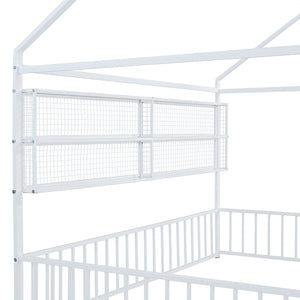 English Elm Full Metal House Bed Frame Full Size with Built-In Fence and 4 Grid Shelves for Durable Storage and Style White N737P175361K