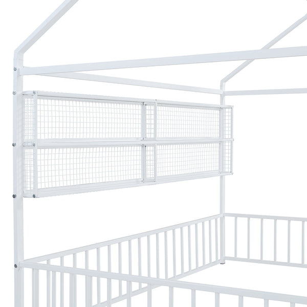 English Elm Full Metal House Bed Frame Full Size with Built-In Fence and 4 Grid Shelves for Durable Storage and Style White N737P175361K