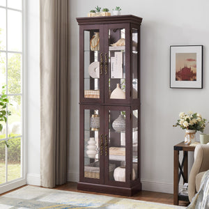 English Elm Lighted Glass Curio Display Cabinet with Quiet Hinge, Internal LED Lighting, Adjustable Shelves, Vintage Carved Handle Cherry W2275P199810
