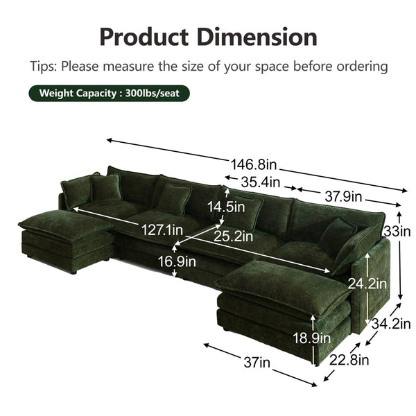 English Elm Comfort Modular U-shape Sectional Sofa in Sage Green Chenille with Double Ottomans W714S00469
