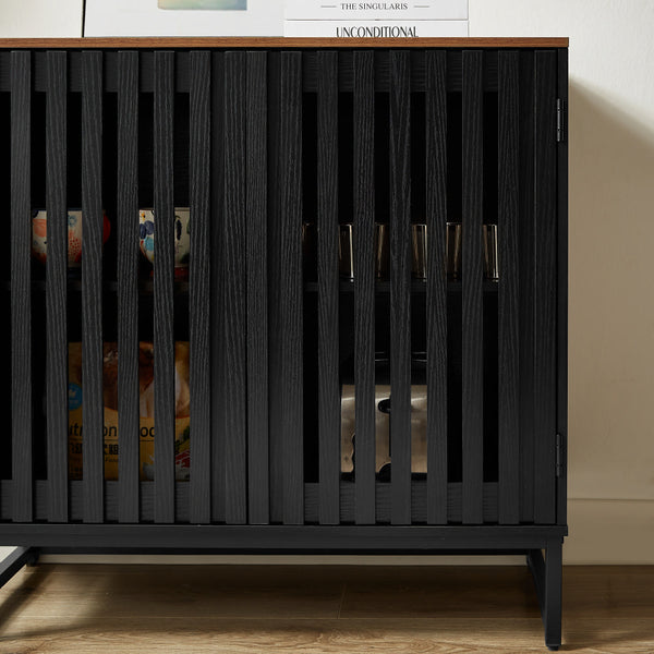 English Elm Cabinet Black Slatted Grille 6-Drawer Dresser, Modern MDF Sideboard with Metal Legs & Adjustable Shelves W578P193310