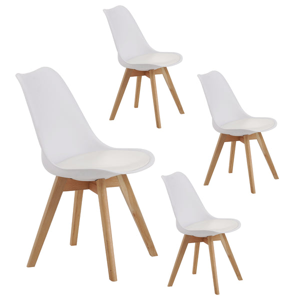 English Elm Set of four modern medieval dining chairs with cushioned PU seats, solid wooden legs, 300lb capacity, non-slip pads, durable waterproof finish, easy assembly, ergonomic back support for kitchen and dining spaces White W3851P368650