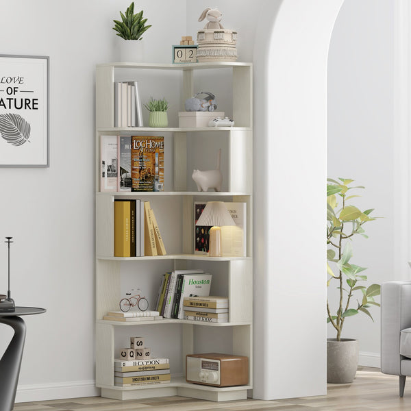 English Elm 6 Tier Freestanding L-Shaped Corner Bookshelf with Anti-Tip, Rounded Corners, 3D Wood Grain Finish White Oak W2899P372515