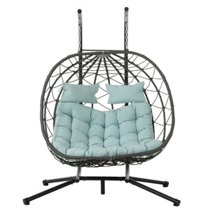 English Elm 2 Person Wicker Hanging Egg Chair with Freestanding Stand Outdoor Patio Swing Seat Blue W1703P444372