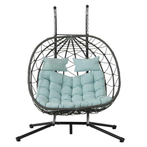 English Elm 2 Person Wicker Hanging Egg Chair with Freestanding Stand Outdoor Patio Swing Seat Blue W1703P444372