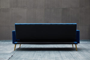English Elm Sofa Bed Velvet Upholstered Convertible with Gold Metal Legs for Studio Spaces Dark Blue B205P246427