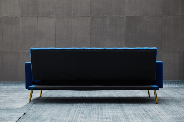 English Elm Sofa Bed Velvet Upholstered Convertible with Gold Metal Legs for Studio Spaces Dark Blue B205P246427