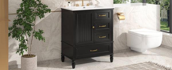 English Elm Christopher Knight Home® - 30" Bathroom Vanity with Ceramic Sink, Acacia & MDF Cabinet, Soft-Close Door & Drawers Black N759P346895B
