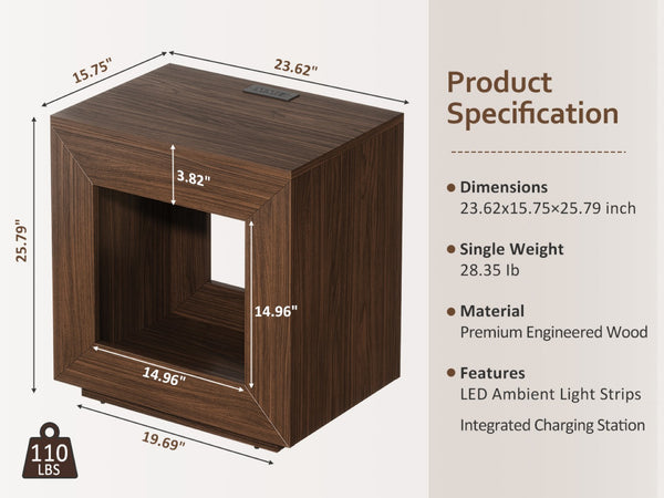 English Elm Rustic Wood End Table With Led Lighting & Integrated Power Hub - Stylish 2-Tier Storage Solution W1550P330032-GIGA