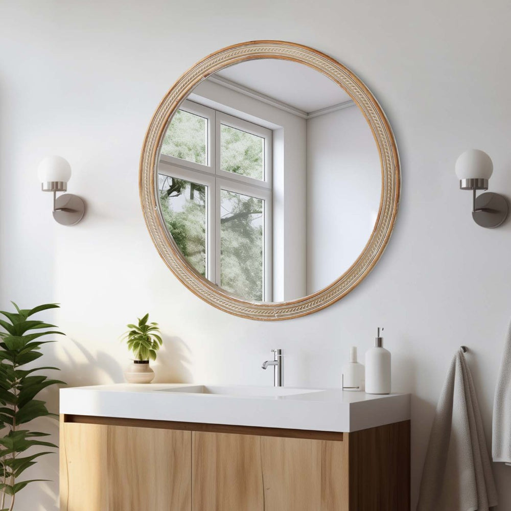 English Elm Round Rattan Textured Wall Mirror Natural Woven Frame Bohemian Accent for Any Room W2295P414108
