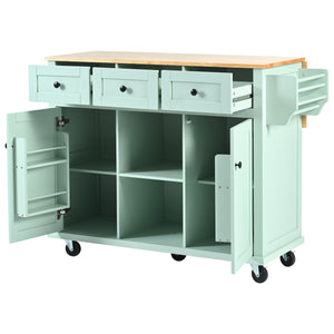 English Elm Kitchen Cart with Drop-Leaf Rubberwood Countertop, Rolling Island with Cabinet, Drawers & Racks for Dining Room - Stylish Durable Storage Solution Mint Green WF298028AAE