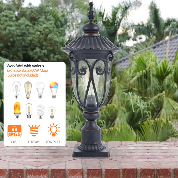 English Elm 24"(H) Vintage Black Outdoor Post Lantern with Bubble Glass, Rust-Resistant Aluminum, E26 Compatible Lighting Elegance for Pathway Patio Garden (Bulb Not Included) W1340P239409