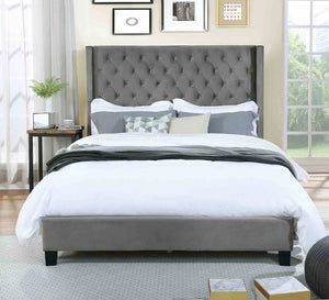 English Elm Elegant Queen Wingback Bed Tufted Upholstered Frame in Soft Flannelette Fabric Gray B2741S00846