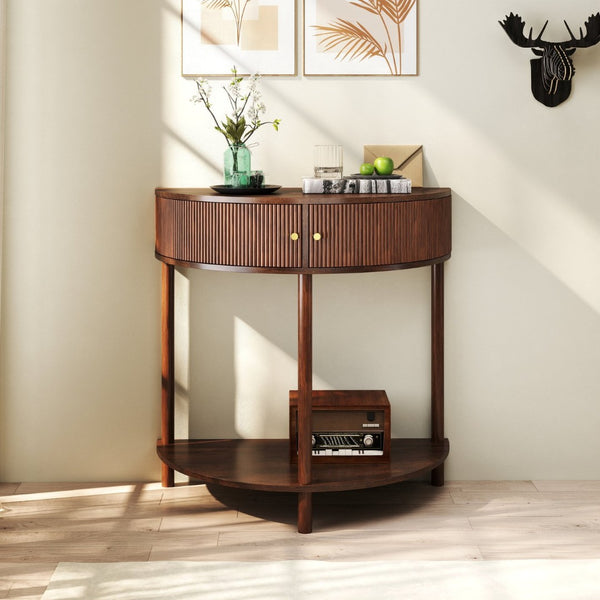 English Elm Artisan-crafted Demi-lune Console Table Wave Drawer Fronts Warm Wood Entryway W2557P294041