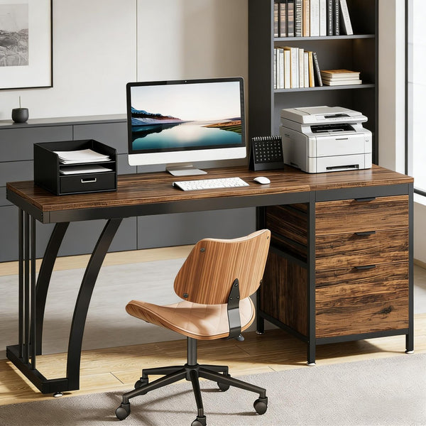 English Elm Extensive Industrial Writing Desk with Metal Frame Three Drawers and File Storage T3971P450857