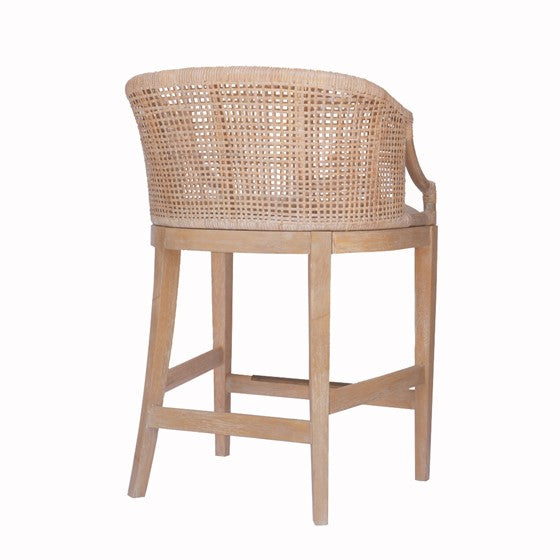 English Elm Handcrafted Playa Rattan Counter Stool 25" H — Natural Whitewash Back, Linen Cushion, Antique Bronze Guard B035129478