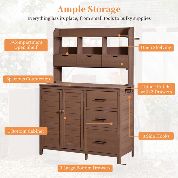 English Elm (with Hutch) Topamx Solid Fir Potting Bench Patio Workstation Spice Rack Drawer Brown N717P404331D