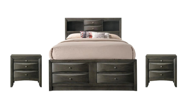English Elm Gray King Storage Platform Captain's Bed with Bookcase Headboard, Deep Drawers, Silver Hardware, Solid Wood B2741S00613