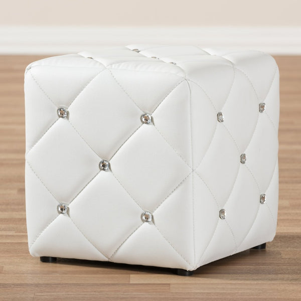 Baxton Studio Baxton Studio Stacey Modern Faux Leather Ottoman with Crystal Tufting for Luxe Living Spaces White 1710-White