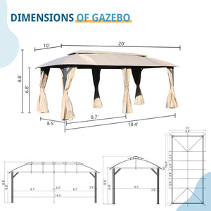 English Elm Gazebo 10X20Ft Outdoor Canopy With Double Roof, Privacy Curtains & Mosquito Nets For Any Event W1859S00085