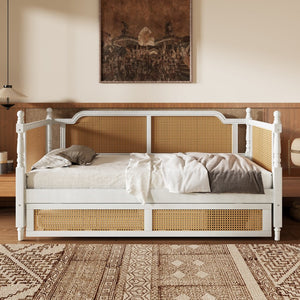 English Elm Traditional Rattan Headboard Twin Daybed Pine Frame with Under Bed Storage Drawers BS701P193919K