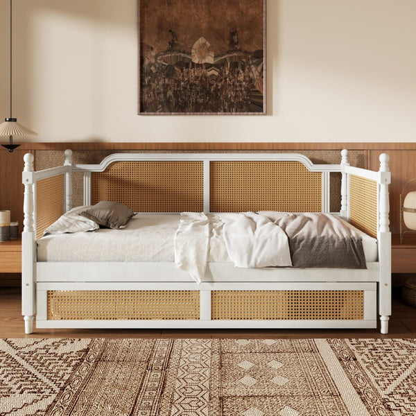 English Elm Traditional Rattan Headboard Twin Daybed Pine Frame with Under Bed Storage Drawers BS701P193919K