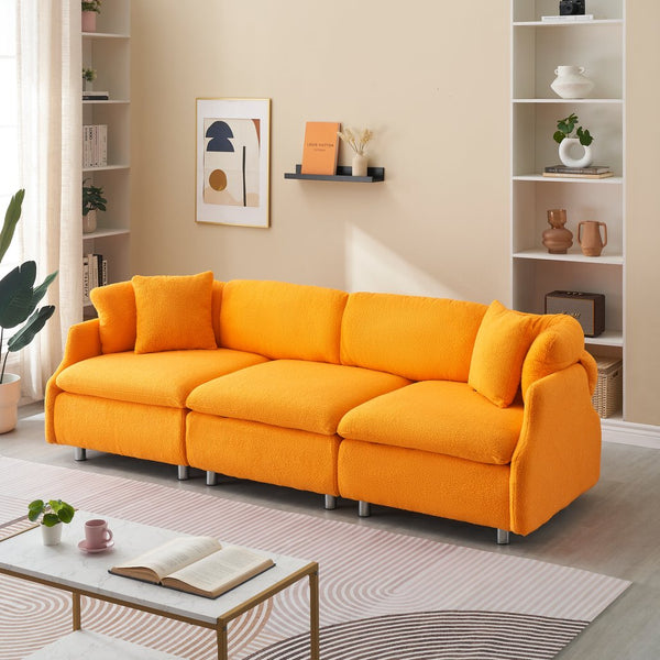 English Elm 95.3 Teddy Two Throw Pillow 3-Seat Sofa with Plush Teddy Fabric, Solid Wood Frame and Metal Legs Orange W1278S00071