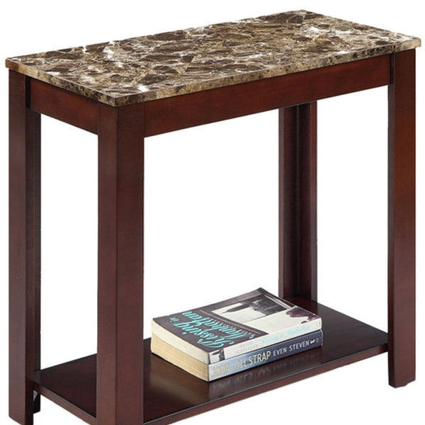 English Elm 24" Tall Wooden End Table - Dark Cherry Finish With Elegant Marble-Print Top For Versatile Use B072115843